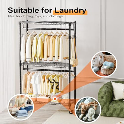 M MZG Heavy Duty Rolling Garment Rack 3 Tiers Adjustable Wire Shelving Clothes Rack with 2 Rods and Side Hooks,Storage Closet Clothing Rack with Wheels Black 15.7" D x 29.5" W x 74.5" H - color: Black, size: 3 Tier with 2 rod, 15.7"D x 29.5"W x 74.5"H