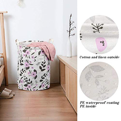 UUJOLY Collapsible Laundry Basket, Laundry Hamper with Handles Waterproof Round Cotton Linen Laundry Hamper Printing Household Organizer Basket, 19.7x15.7 inches, Purple