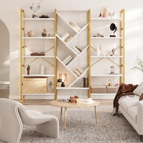 70x70” Triple 5 Tier Book Shelf, Large Wooden Bookcase with 17 Open Display Shelf, Modern Tree Bookshelf Metal Frame Tall Book Case Furniture for Living Room Bedroom Home Office White & Gold - color: Gold, size: 5 tier