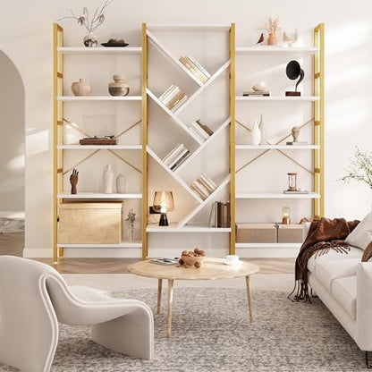 70x70” Triple 5 Tier Book Shelf, Large Wooden Bookcase with 17 Open Display Shelf, Modern Tree Bookshelf Metal Frame Tall Book Case Furniture for Living Room Bedroom Home Office White & Gold - color: Gold, size: 5 tier