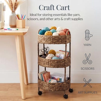 Best Choice Products 3-Tier Round Rolling Nursery Caddy w/Wheels, Handwoven Utility Cart, Storage Organization for Bathroom, Craft Room, Laundry Room - Chestnut - color: Chestnut