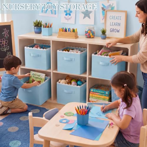 Yalikop 6 Pcs Blue Scalloped Cube Storage Bins 11 Inch Fabric Storage Basket with Handle Collapsible Clothes Closet Organizer Bin for Classroom Books Toy Box Nursery School Organizing - color: Blue