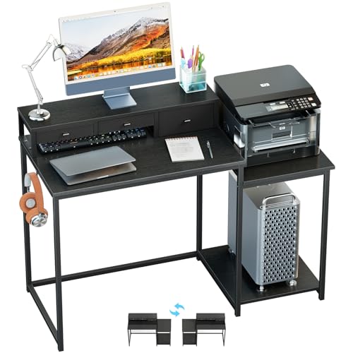 SINPAID 47" Gaming Computer Desk with Monitor Stand for Home Office,Black | Large Desk with Monitor Stand and Drawers, Home Office Writing Desk with Storage Shelves and 2 Hooks - color: Black