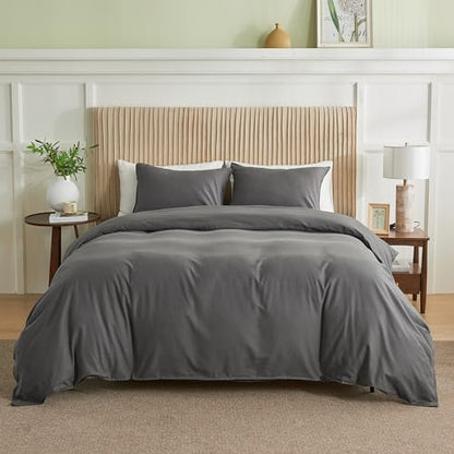 BISELINA French Linen Duvet Cover Set 3pcs with Hidden Zipper Closure Natural Flax Cotton Blend Solid Color Soft Breathable Luxury Farmhouse Bedding - Full Size, Dark Grey - color: Dark Grey, size: Full