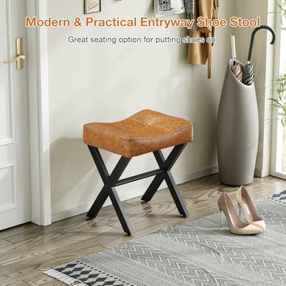 18-Inch Leather Vanity Stool Chair, Brown Saddle Vanity Stool | Vanity Bench, Metal X-Leg, Ottoman Accent Stool, Thick Padded Saddle Seat, 300 LBS, 16.3"x12.4"x18", For Bedroom, Closet - size: Small, style: Brown Leather