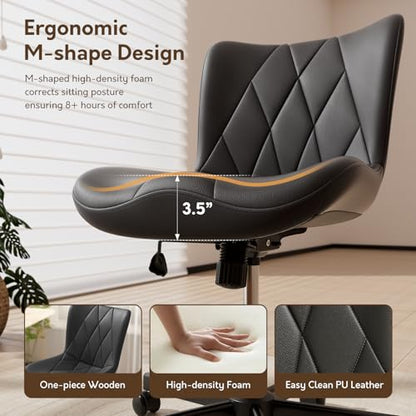 Armless Desk Chair, Morden Home Office Chair no Arms, Adjustable Height & Rocking Computer Chair, PU Leather Vanity Chair, Ergonomic Seat Soft Padded Desk Chairs for Home Small Space, Black - color: Black