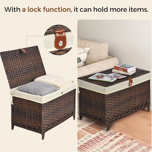Wicker Storage Basket with Lid, 200L Storage Bin with Removable Liner Bag | Rattan-Inspired Shelf Basket Design, Storage Trunk with Heightened Feet, Wardrobe Storage Container & Home Organizer - color: Brown, size: 200L