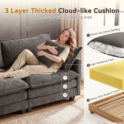 110" Modular Sectional Cloud Sofa Couch V Shape with 2 Ottoman, Grey | 3 Layer Cushion, 6 Washable Pillows, 29" Deep Seat, Chenille Fabric, for Living Room Apartment - color: Grey, size: 110"V-2