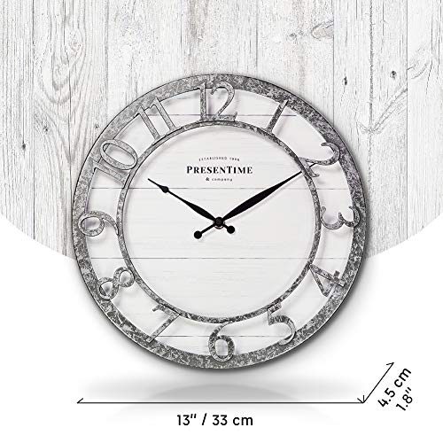 13" Farmhouse Series Wall Clock | Quartz Movement, Shiplap Style,Raised 3D Arabic Numeral, Galvanized Finish - color: Galvanized Finish, size: 13 inch