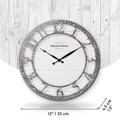 13" Farmhouse Series Wall Clock | Quartz Movement, Shiplap Style,Raised 3D Arabic Numeral, Galvanized Finish - color: Galvanized Finish, size: 13 inch