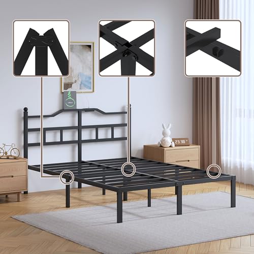 SHOANED 14 Inch Metal Bed Frame - Full Size Heavy Duty Bedframe with Charging Station & Headboard Basic Steel Slats Platform No Box Spring Needed/Easy Assembly/Noise Free - size: Full, style: 14 Inch with Charging Station