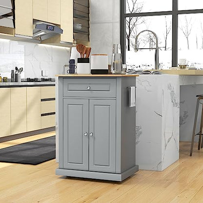 HOMCOM Rolling Kitchen Island Cart, Drawer & Adjustable Shelf, Grey | Portable Serving Trolley Table, 2 Towel Racks - color: Grey