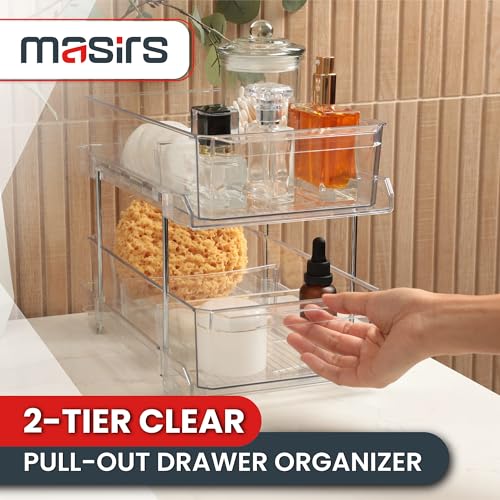 Masirs 2-Tier Clear Pull-Out Drawer Organizer - Sleek, Compact & Sturdy Makeup and Closet Organizer - Easy Assembly Kitchen Storage Solution, Ideal for Makeup, Tools, Medicines & Snacks