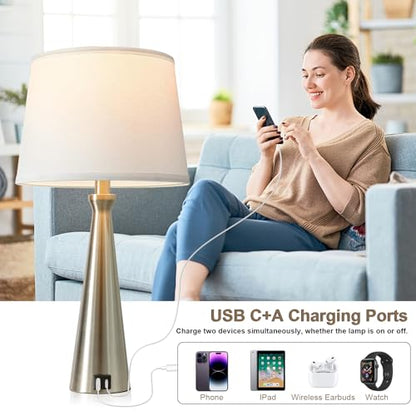 Modern Touch Lamps for Nightstand, 3 Way Dimmable Bedroom Lamp Set of 2 | USB C+A Charging Ports, Silver Bedside Lamps for Bedroom, Living Room, End Table, Bed Side, LED Bulb Included - color: C. Silver Base-White Shade