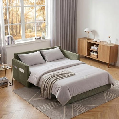 65" Convertible Sofa Bed Loveseat, Corduroy Sleeper Couch, 3 in 1 Folding Couch Sofa for Small Spaces,Apartment and Living Room. (Green)