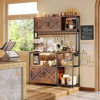 Huuger Large Bakers Rack with Power Outlet, Kitchen Microwave Stand with Cabinets, Coffee Bar Table Station with Storage, 6 S-Shaped Hooks, Mesh Shelves, 45 Inch Wooden Top, Rustic Brown - color: Rustic Brown