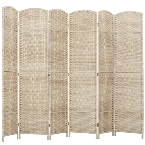 HOMCOM 6 Panel Room Divider 6 Ft Privacy Screen Hand-Woven Washed Oak | Folding PP Wall Partition, Pine Wood Frame, Freestanding Room Separator, Bedroom Home Office, No Assembly - color: Washed Oak, size: 6 Panel
