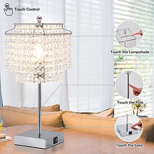 Luvkczc Crystal Table Lamp with Touch Control Set of 2, USB Bedside Table Lamp with USB C+A Ports, Dimmable Lamp with Crystal Shade for Bedroom, Living Room, 6W LED Bulb Included - color: Silver, 2 Pack