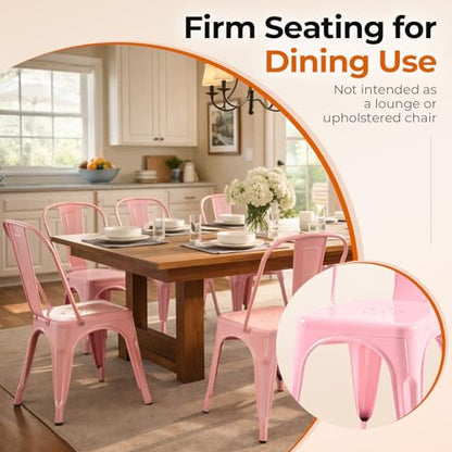 Metal Dining Chairs Set of 4 Fairy Pink Color | Pink 18inch Seat Height Kitchen Stackable Chairs for Farmhouse Bistro Patio Dining Room Outdoor - color: Fairy Pink
