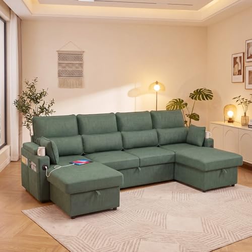 U-Sofa Bed Sleeper Pull Out with Storage Function and Two USB Ports and Cup Holder, Perfect for Small Space Modern Convertible Sofa Bed Living Room, Apartment Living Room - color: Green, size: 104.7'' U shape sofa
