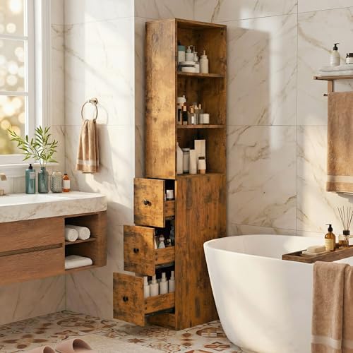ARTETHYS Tall Slim Bathroom Storage Cabinet with Adjustable Shelves Rustic | Slim Free Standing Space Saver Organizer for Living Room Kitchen, 3 Drawers - color: Rustic