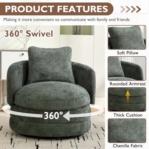 Round Swivel Barrel Chair with Comfy Pillow, Beige Small Accent Chair with Curved Backrest, Modern Upholstered Armchair & Chenille Barrel Accent Chairs for Living Room Bedroom Office (Green) - color: Green