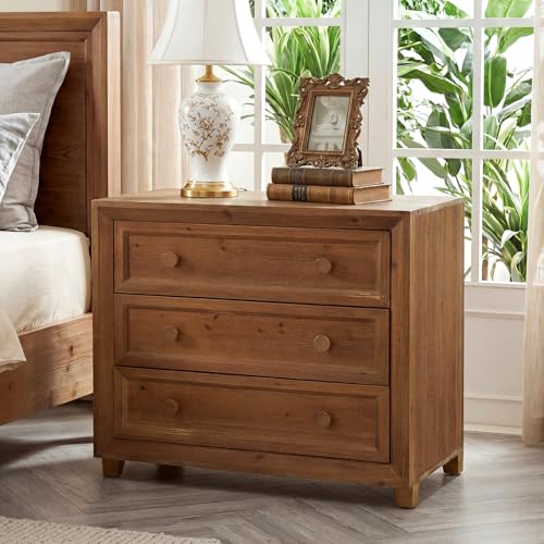 Solid Wood Nightstand with 3 Drawers, 31.5” Wide Bedside Table with Round Wooden Knobs & Low-Profile Legs for Stability, Mid-Century Modern Night Table for Bedroom, Easy Assembly