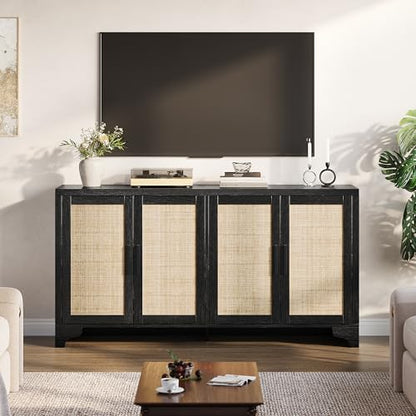 Rattan Sideboard Cabinet, 4-Door Buffet Storage for Entryway Living Room | Adjustable shelves and compartments organize shoes, decor, tableware, and essentials for apartments, homes, & family spaces.
