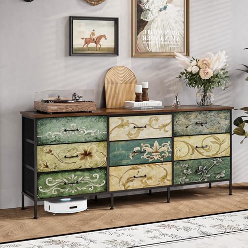 Dresser with Drawers for Bedroom Chest of Drawers Fabric Dresser for Closet,Nursery Entryway Hall Tree TV Stand for Living Room Retro Floral Pattern Drawers Wooden Top (Wide 9 Drawers) - size: 11.8"D x 62.9"W x 26.7"H (9 Drawers)