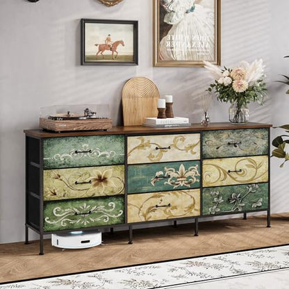 Dresser with Drawers for Bedroom Chest of Drawers Fabric Dresser for Closet,Nursery Entryway Hall Tree TV Stand for Living Room Retro Floral Pattern Drawers Wooden Top (Wide 9 Drawers) - size: 11.8"D x 62.9"W x 26.7"H (9 Drawers)