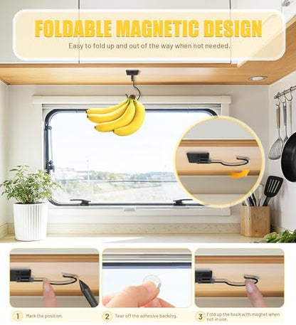 Banana Hook, Metal Banana Hanger Under Cabinet, Black, 1 Pcs | 2 Mount Options, 360° Rotatable, Magnetic Foldable, Compact Size, Suits for Fruits, Cups, Mugs, Utensils, Oven Mitts, Towels - color: Black