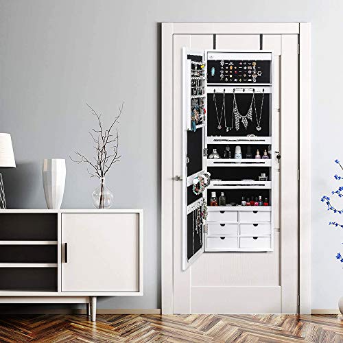 42.5" Wood Jewelry Mirror Cabinet,Wall or Door Mounted Jewelry Storage Cabinet,Space-Saving Large Jewelry Armoire Organizer,with Lock & LED Lights,for Living Room, Bedroom, Cloakroom (White) - size: 36.5x12.3x108cm