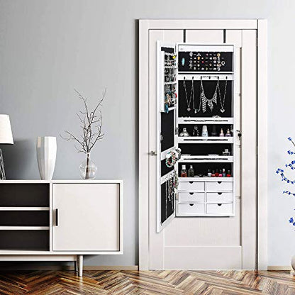 42.5" Wood Jewelry Mirror Cabinet,Wall or Door Mounted Jewelry Storage Cabinet,Space-Saving Large Jewelry Armoire Organizer,with Lock & LED Lights,for Living Room, Bedroom, Cloakroom (White) - size: 36.5x12.3x108cm