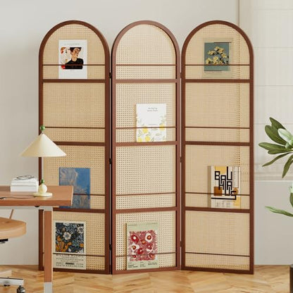Rattan Room Divider with Bookshelf,Foldable Privacy Screen Partition,Wooden Frame,Natural Portable for Living Room,Bedroom Home,Office Reading Nook (Walnut, 3 Panels) - color: Walnut