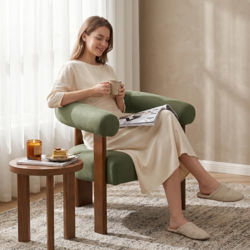 VKNOW Barrel Accent Chair, Vanity Chair with Armrests and Walnut Wood Legs | Mid Century Modern Upholstered Living Room Chairs with Open Back, Faux Mohair Fabric, for Living Room, Bedroom, Green - color: Green(walnut Legs), size: Set of 1