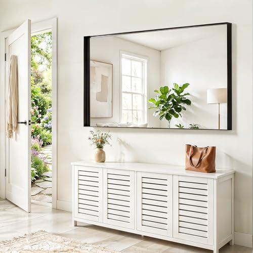 60x36 Black Bathroom Mirrors for Over Sink, Wall Mounted Bathroom Vanity Mirror, HD Distortion-Free Tempered Glass, Anti-Rust Brushed Matte Aluminum Alloy Frame, Horizontal or Vertical Hanging - size: 60"L x 36"W