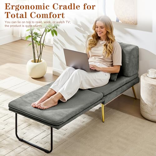 wanan Sleeper Chair, 3-in-1 Chair Bed Sleeper for Adults, Futon Sofa Bed with Back Support & Pillow, Solid Wood Frame & Sturdy Metal Legs for Living Room, Bedroom, Gray