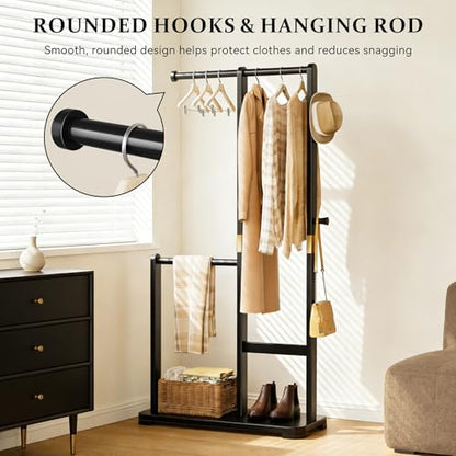 Solid Wood Coat Rack, Freestanding Standing Clothes Rack with Double Hanging Rods for Coats, Jackets, Wooden Coat Tree Garment Rack for Bedroom Entryway Hallway, Space Saving Small Coat Rack - color: Black