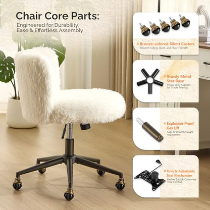 VINGLI Plush Upholstery Vanity Desk Chair with Curved Back & 90-102° Tilt &Adjustable Height, Cute Rolling Chair with Bronze Base & Golden-Bronze 360° Swivel Wheels for Makeup &Home Office,White Cream - color: White Cream
