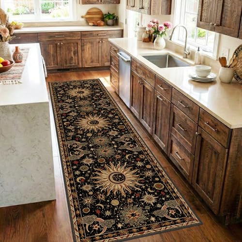 Vacuum-Friendly, 2x8 Washable Area Rug, Black Gold Beige Red | Sun and Moon Boho Gothic Non-Slip Low Pile Living Roon Bedroom Dining Room Kitchen Entry Entryway Entrance Hallway Doormat - color: Black/Gold/Beige/Red, size: 2' x 8' (Runner)