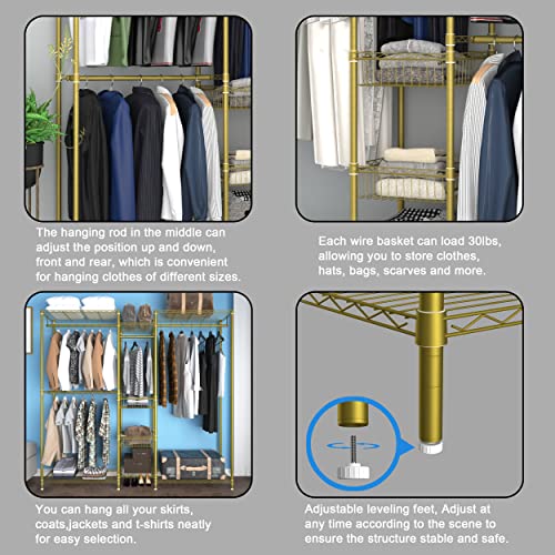 XIOFIO 6 Tiers Heavy Duty Garment Rack,Clothing Storage Organizer, Metal Clothing Rack,Clothing Rack with Hanging Rod,Adjustable Shelf and Fixed Baskets,60.7"L x 15.7"W x 70.5"H Max Load 720LBS,Gold - color: Gold