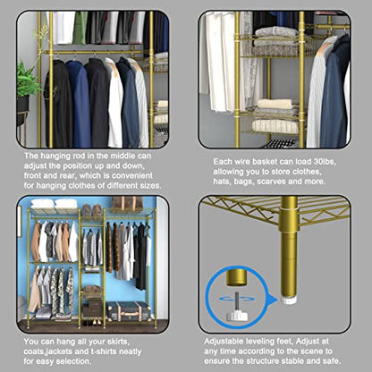 XIOFIO 6 Tiers Heavy Duty Garment Rack,Clothing Storage Organizer, Metal Clothing Rack,Clothing Rack with Hanging Rod,Adjustable Shelf and Fixed Baskets,60.7"L x 15.7"W x 70.5"H Max Load 720LBS,Gold - color: Gold