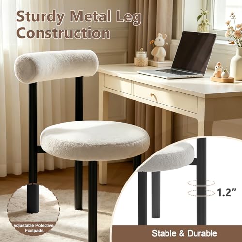Cute Small Armless Desk Chair, Ergonomic Comfy Vanity Chairs Lumbar Support with Back for Makeup, Teddy Fabric Computer Desk Chair for Home, Bedroom, Vanity, Teens, Adults - color: Black and White