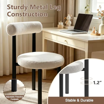 Cute Small Armless Desk Chair, Ergonomic Comfy Vanity Chairs Lumbar Support with Back for Makeup, Teddy Fabric Computer Desk Chair for Home, Bedroom, Vanity, Teens, Adults - color: Black and White
