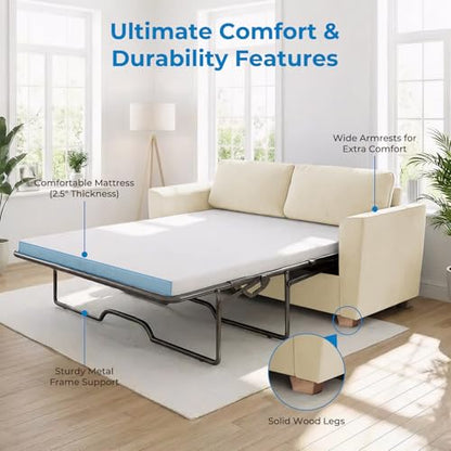 Full Size Pull Out Sleeper Sofa Bed 71" W with Memory Foam Pillows and Mattress, Convertible 2-in-1 Loveseat Sofa Sleeper Couch with Pullout Beds for Living Room Apartment Small Spaces, Beige