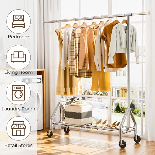 HYSEYY Heavy Duty Clothes Rack Load 450 LBS, Metal Garment Rack, Standing Rolling Clothing Rack for Hanging Clothes with Sturdy Wheels & Shelves, Portable Closet Wardrobe Rack,Sliver - color: Sliver