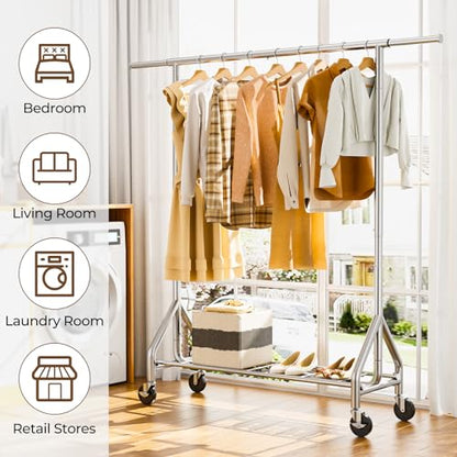 HYSEYY Heavy Duty Clothes Rack Load 450 LBS, Metal Garment Rack, Standing Rolling Clothing Rack for Hanging Clothes with Sturdy Wheels & Shelves, Portable Closet Wardrobe Rack,Sliver - color: Sliver