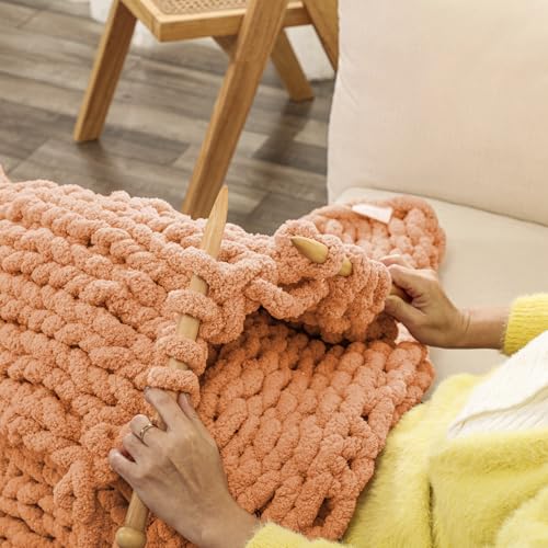 WESHIONGOO Chunky Knit Blanket Throw for Couch Bed 40"*40" Peach Fuzz | 100% Handmade Knitted Throw Blanket Fluffy Soft Blanket with Jumbo Chenille Yarn Thick - color: Peach Fuzz, size: 40"x40"(Small Size Throw)