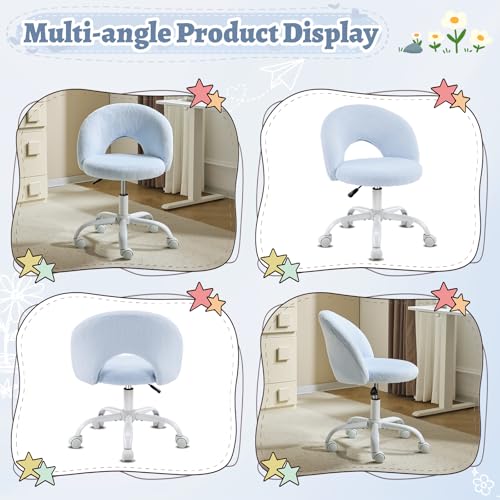 VINGLI Small Vanity Chair with Faux Fur Wheels for Girls,Cute Adjustable Height Armless Office Desk Chair,360°Swivel Comfy Rolling for Study,Make up Room,Small Space,Blue - color: Furry Blue