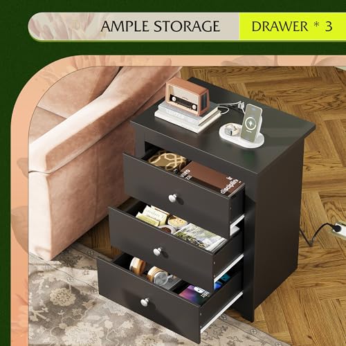 WLIVE Tall Nightstand with Charging Station, Wood Bedside Table, Black | 3 Drawers Storage, Power Outlets(2AC+2USB), Easy Assembly, Premium Eco-friendly Wood, Black Night Stand for Bedroom - color: Black